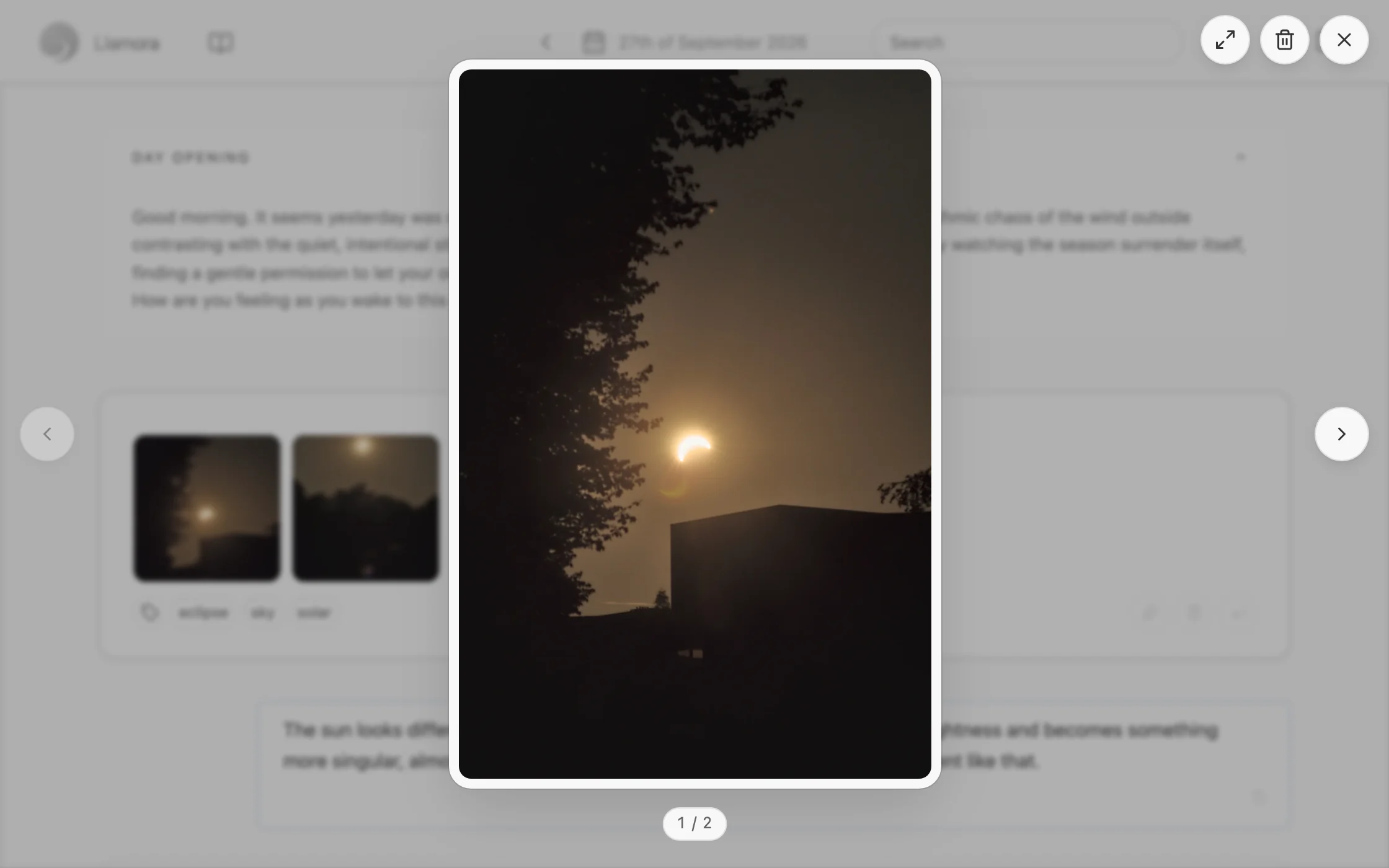 A photo of the eclipse opened full size over the page.