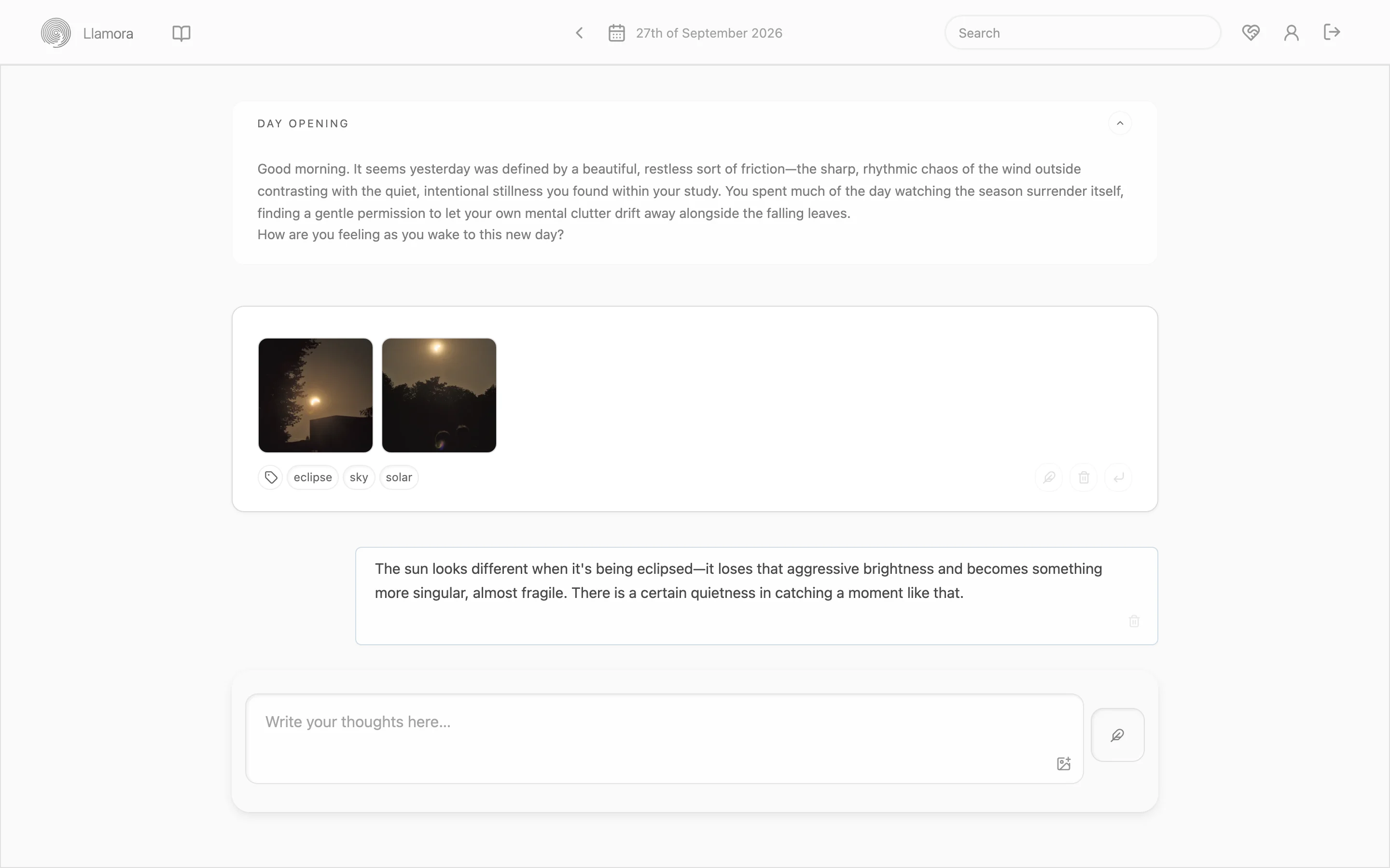 Llamora showing a daily page: the day opening, entries with their traces, and the model's response.