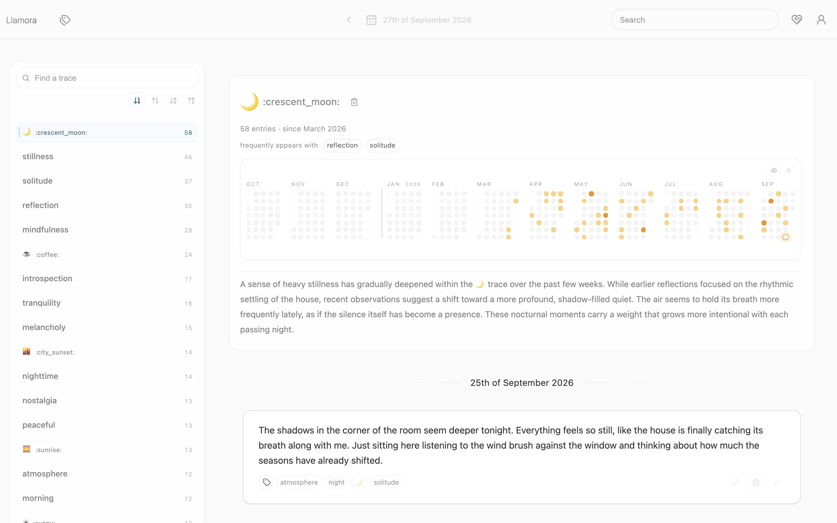 The traces view: a list of traces, and for the selected one a year-long heatmap, related traces and a summary.